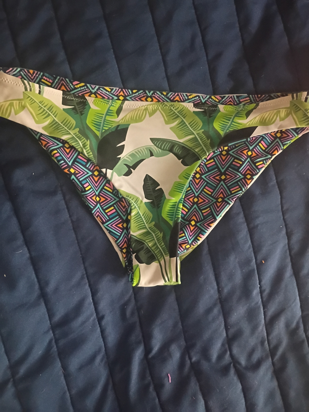 Women’s Reversible Green Tropical Print Bikini/Geometric  Print Swim Bottom
